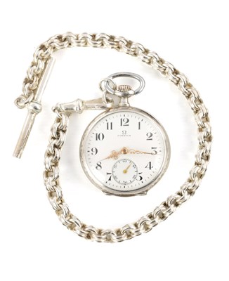 Lot 1455 - A SILVER CASED OMEGA FOB WATCH AND CHAIN