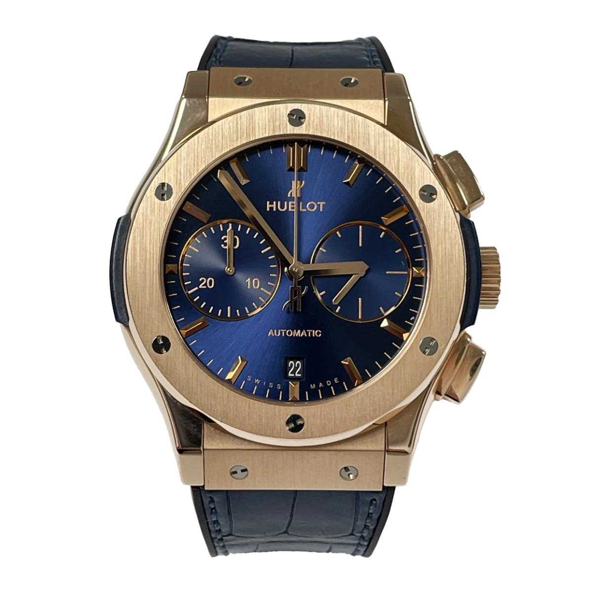 Lot 1391 - A GENTLEMAN'S 18CT ROSE GOLD HUBLOT CLASSIC FUSION CHRONOGRAPH KING GOLD BLUE WRIST WATCH