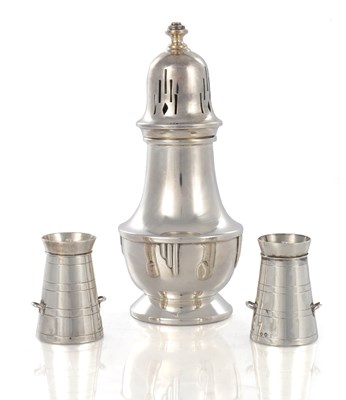 Lot 282 - A MAPPIN & WEBB SILVER SUGAR CASTER AND A PAIR OF SALT AND PEPPER SHAKERS