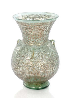 Lot 441 - A 19TH CENTURY GILT GREEN GLASS ISLAMIC MOSQUE LAMP