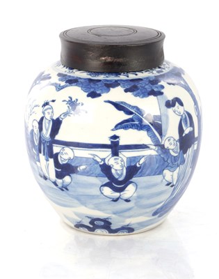 Lot 307 - A KANGXI CHINESE BLUE AND WHITE GINGER JAR AND HARDWOOD COVER