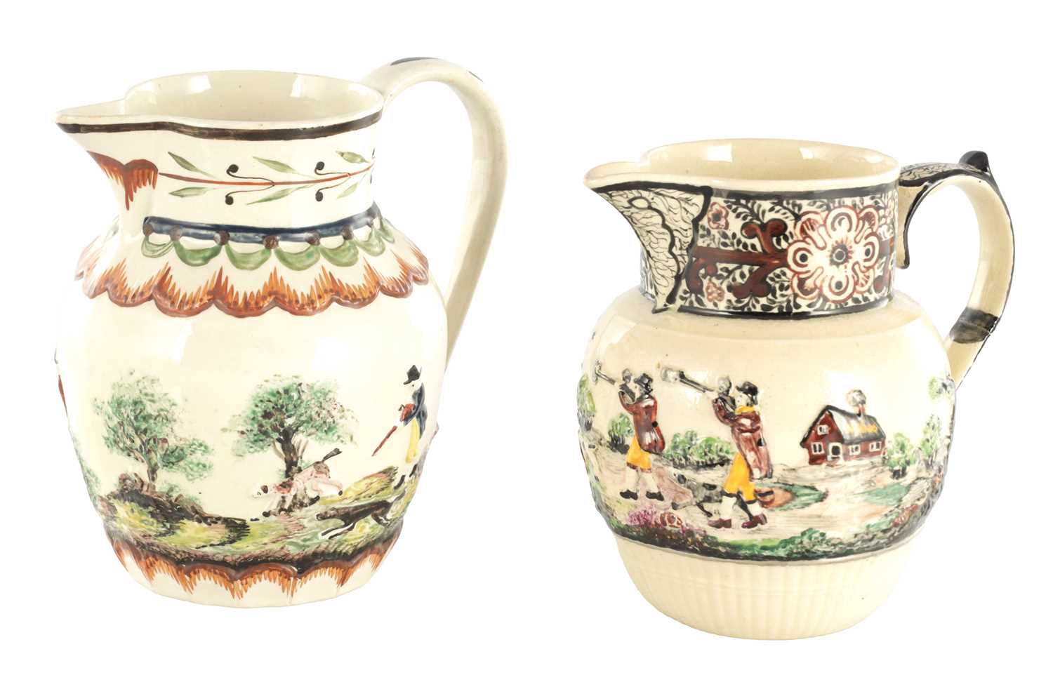 Lot 68 - TWO EARLY 19TH CENTURY LEEDS WARE SPORTING JUGS
