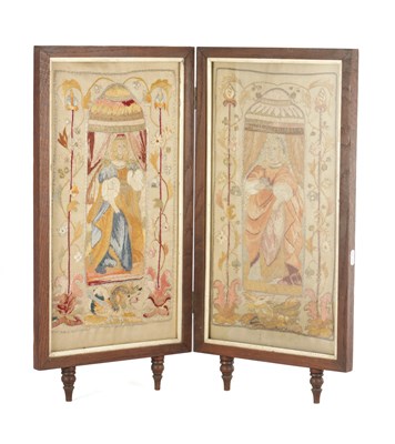 Lot 849 - A PAIR OF FRAMED 18TH CENTURY SILKWORK SILVER WIRED EMBROIDERIES