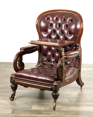 Lot 1707 - A FINE WILLIAM IV MAHOGNAY AND LEATHER BUTTON UPHOLSTERED IMPROVED RECUMBENT READING CHAIR BY R. DAWS, G.R. PATENT