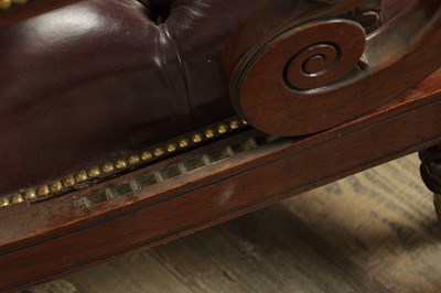 Lot 1707 - A FINE WILLIAM IV MAHOGNAY AND LEATHER BUTTON UPHOLSTERED IMPROVED RECUMBENT READING CHAIR BY R. DAWS, G.R. PATENT