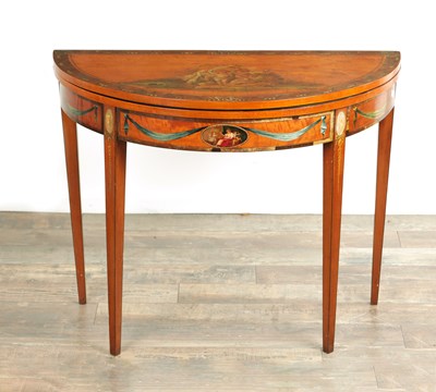 Lot 1732 - A GEORGE III PAINTED DEMI LUNE CARD TABLE
