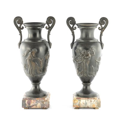 Lot 819 - A PAIR OF 19TH CENTURY GRAND TOUR PATINATED BRONZE VASES