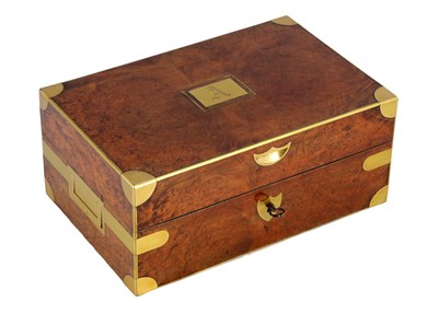 Lot 970 - A 19TH CENTURY BRASS BOUND AMBOYNA DRESSING BOX