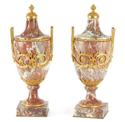Lot 895 - A PAIR OF 19TH CENTURY FRENCH ORMOLU MOUNTED MARBLE CASSOLETTES