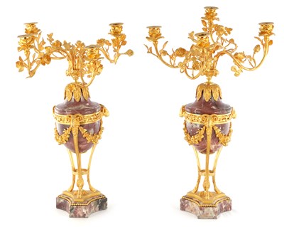 Lot 759 - A PAIR OF 19TH CENTURY FRENCH MARBLE AND ORMOLU CANDELABRA