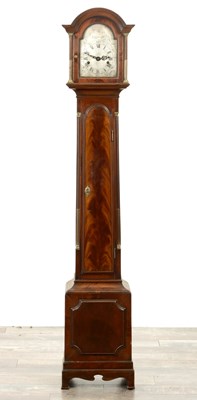 Lot 1413 - JOHN BRYAN, LONDON. A LATE 19TH CENTURY FIGURED MAHOGANY WEIGHT DRIVEN MINIATURE LONGCASE CLOCK