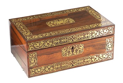 Lot 979 - A LATE REGENCY BRASS INLAID ROSEWOOD WRITING BOX
