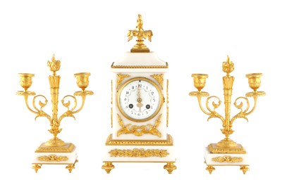 Lot 1461 - A LATE 19TH CENTURY WHITE MARBLE AND ORMOLU CLOCK GARNITURE