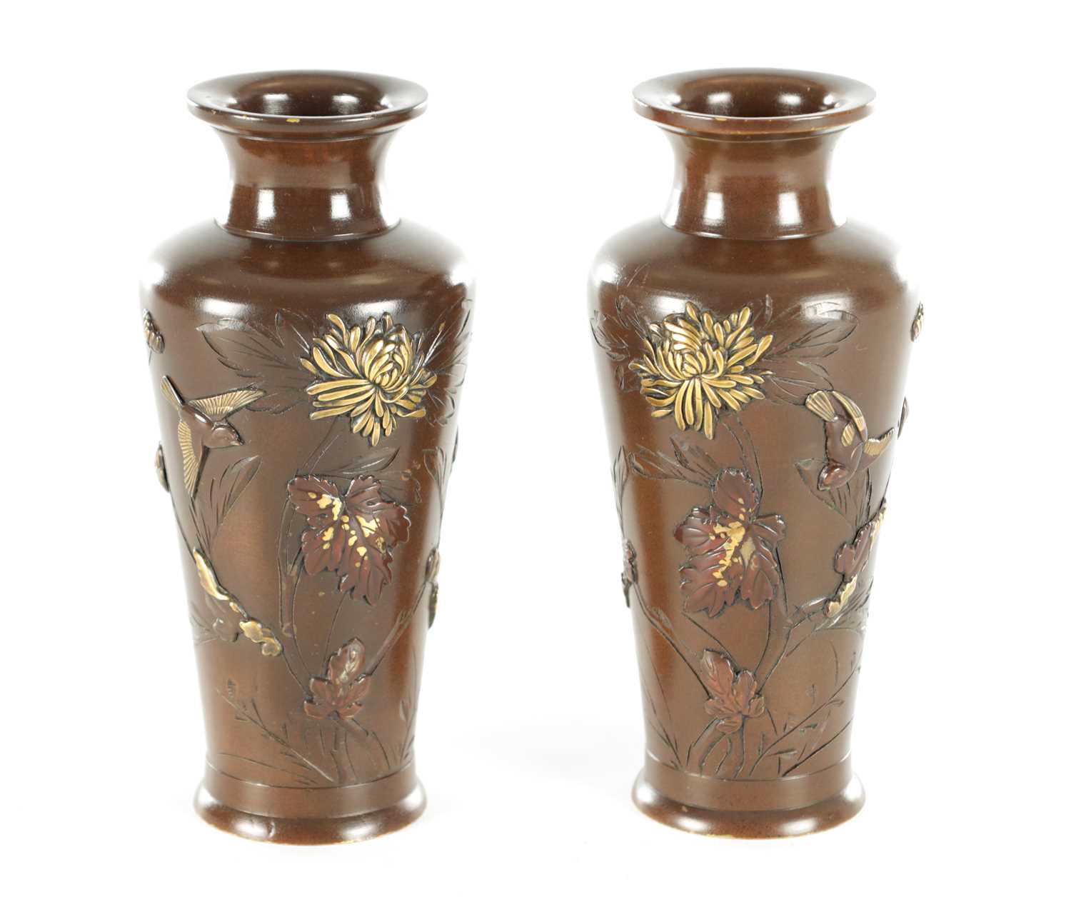 Lot 562 - A SMALL PAIR OF JAPANESE MEIJI PERIOD BRONZE AND MIXED METAL CABINET VASES