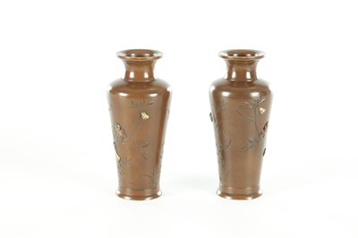 Lot 562 - A SMALL PAIR OF JAPANESE MEIJI PERIOD BRONZE AND MIXED METAL CABINET VASES