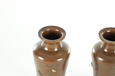 Lot 562 - A SMALL PAIR OF JAPANESE MEIJI PERIOD BRONZE AND MIXED METAL CABINET VASES