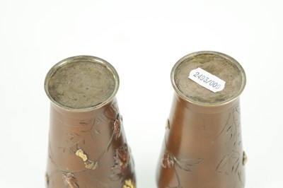 Lot 562 - A SMALL PAIR OF JAPANESE MEIJI PERIOD BRONZE AND MIXED METAL CABINET VASES