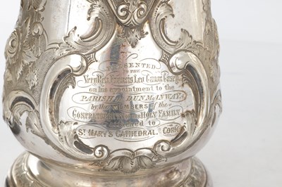 Lot 173 - A PAIR OF LARGE 19TH CENTURY MARTIN HALL & CO SILVER PLATED TANKARD JUGS