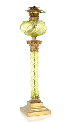 Lot 848 - A GOOD 19TH CENTURY BRASS AND VASELINE GLASS OIL LAMP BASE