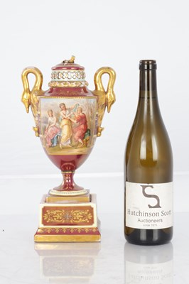 Lot 78 - A 19TH CENTURY VIENNA PORCELAIN TWO HANDLED LIDDED URN SHAPED VASE ON PEDESTAL