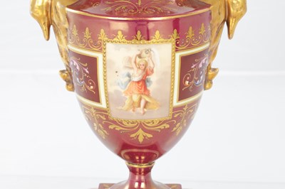 Lot 78 - A 19TH CENTURY VIENNA PORCELAIN TWO HANDLED LIDDED URN SHAPED VASE ON PEDESTAL