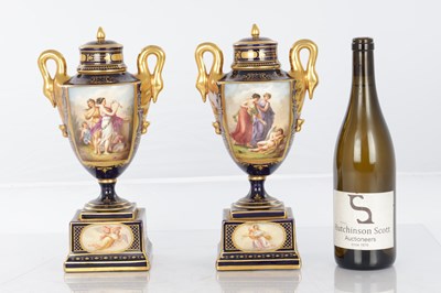 Lot 88 - A PAIR OF 19TH CENTURY VIENNA PORCELAIN VASE AND COVERS