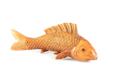 Lot 504 - A JAPANESE MEIJI PERIOD CARVED BOX WOOD SCULPTURE OF A CARP