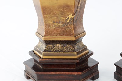 Lot 150 - A FINE PAIR OF JAPANESE MEIJI PERIOD GOLD LACQUERWORK CABINET VASES ON HARDWOOD STANDS