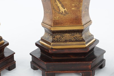 Lot 150 - A FINE PAIR OF JAPANESE MEIJI PERIOD GOLD LACQUERWORK CABINET VASES ON HARDWOOD STANDS