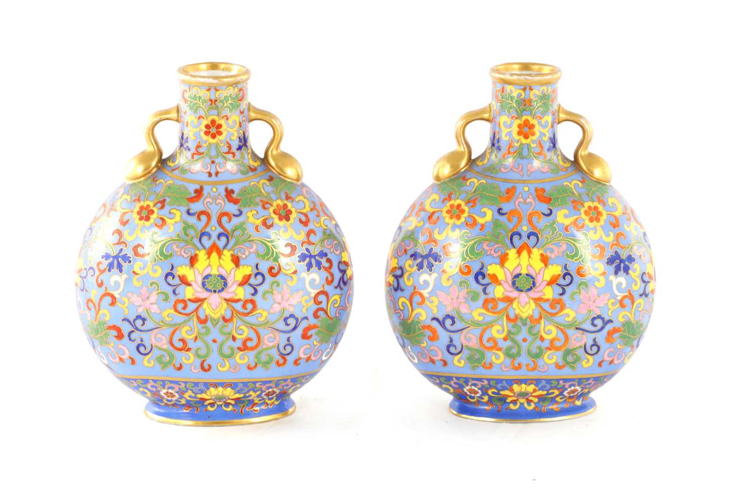 Lot 70 - A PAIR OF LATE 19TH CENTURY ENGLISH COALPORT CERAMIC MOON FLASKS