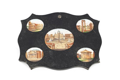 Lot 678 - A 19TH CENTURY ITALIAN GRAND TOUR MICRO MOSAIC HANGING PLAQUE / PAPERWEIGHT