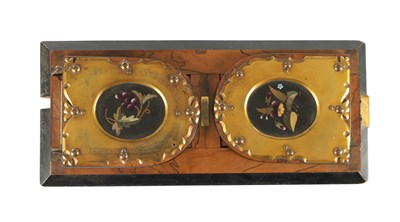 Lot 830 - A LATE 19TH CENTURY FRENCH TIGER WOOD AND PIETRA DURA PANELLED ADJUSTABLE BOOK REST
