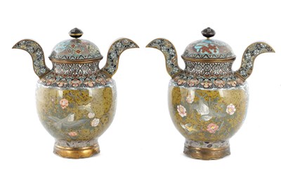 Lot 520 - A FINE PAIR OF JAPANESE CLOISONNE MEIJI PERIOD TWO-HANDLED LIDDED VASES