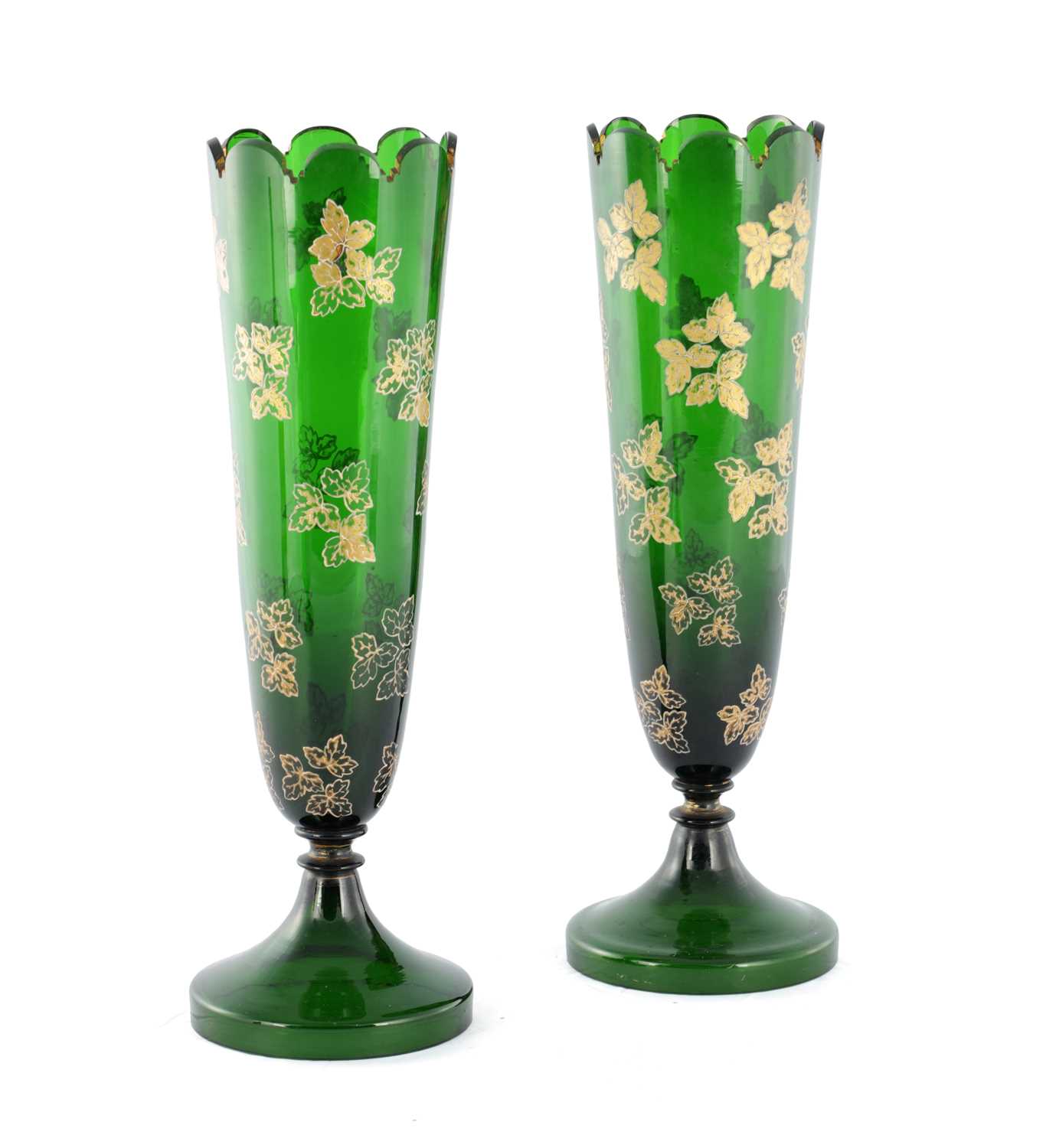 Lot 3 - A PAIR OF LATE 19TH CENTURY BOHEMIAN GREEN GLASS VASES WITH GOLD LEAF WORK DECORATION