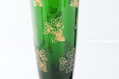 Lot 3 - A PAIR OF LATE 19TH CENTURY BOHEMIAN GREEN GLASS VASES WITH GOLD LEAF WORK DECORATION