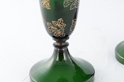 Lot 3 - A PAIR OF LATE 19TH CENTURY BOHEMIAN GREEN GLASS VASES WITH GOLD LEAF WORK DECORATION