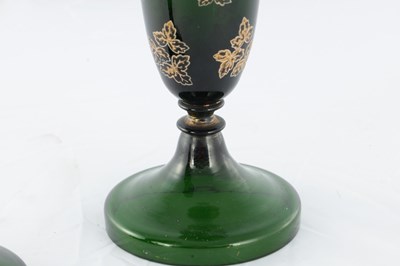 Lot 3 - A PAIR OF LATE 19TH CENTURY BOHEMIAN GREEN GLASS VASES WITH GOLD LEAF WORK DECORATION