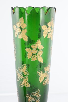 Lot 3 - A PAIR OF LATE 19TH CENTURY BOHEMIAN GREEN GLASS VASES WITH GOLD LEAF WORK DECORATION