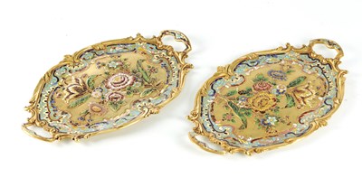 Lot 619 - A FINE PAIR OF LATE 19TH CENTURY FRENCH CHAMPLEVE ENAMELLED TRAYS