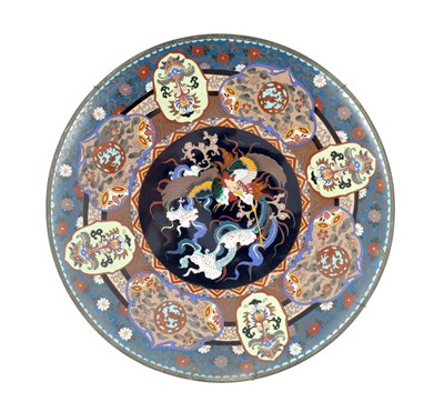 Lot 638 - A JAPANESE MEIJI PERIOD CLOISONNE ENAMEL AND BRONZE PLAQUE