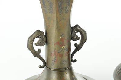 Lot 564 - A MATCHED PAIR OF JAPANESE MEIJI PERIOD BRONZE AND MIXED METAL VASES