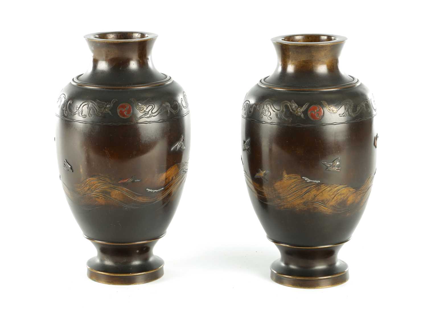 Lot 489 - A PAIR OF JAPANESE MEIJI PERIOD BRONZE AND MIXED METAL VASES
