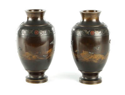 Lot 489 - A PAIR OF JAPANESE MEIJI PERIOD BRONZE AND MIXED METAL VASES