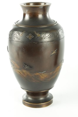 Lot 489 - A PAIR OF JAPANESE MEIJI PERIOD BRONZE AND MIXED METAL VASES