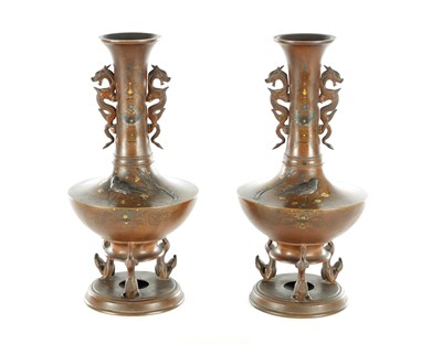 Lot 589 - A FINE PAIR OF JAPANESE MEIJI PERIOD BRONZE AND MIXED METAL FOOTED VASES