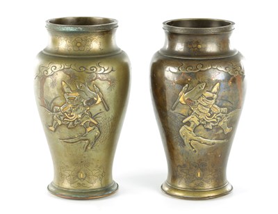 Lot 660 - A PAIR OF JAPANESE MEIJI PERIOD BRONZE AND MIXED METAL BULBOUS VASES