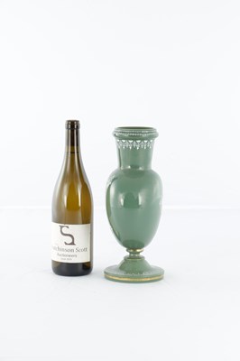 Lot 11 - AN UNUSUAL LATE 19TH CENTURY GREEN GLASS AND OPAQUE ENAMEL DECORATED VASE
