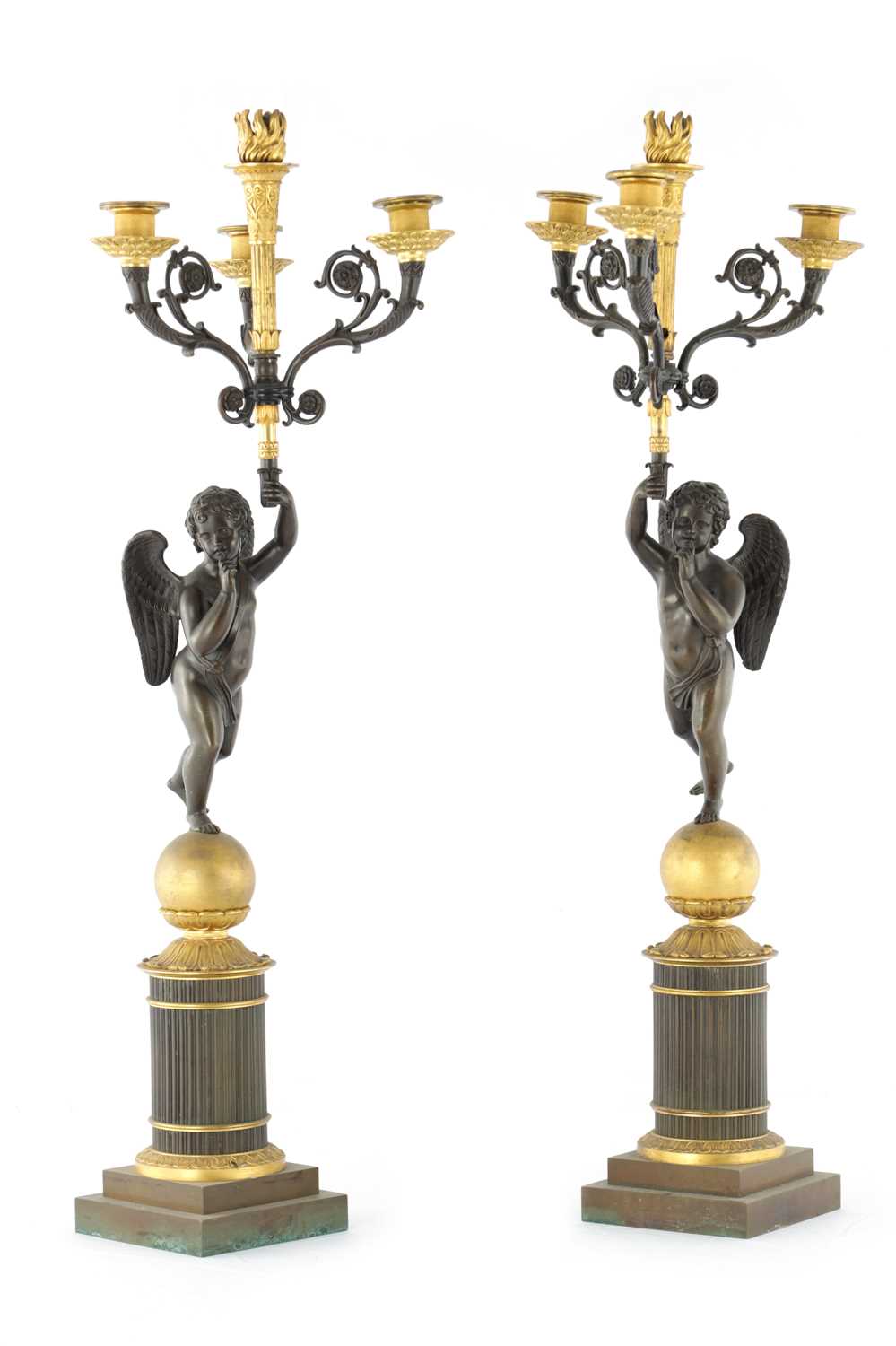 Lot 575 - A PAIR OF 19TH CENTURY FRENCH BRONZE AND GILT BRONZE FOUR BRANCH FIGURAL CANDELABRA