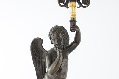 Lot 575 - A PAIR OF 19TH CENTURY FRENCH BRONZE AND GILT BRONZE FOUR BRANCH FIGURAL CANDELABRA