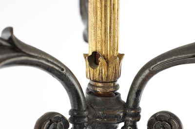 Lot 575 - A PAIR OF 19TH CENTURY FRENCH BRONZE AND GILT BRONZE FOUR BRANCH FIGURAL CANDELABRA